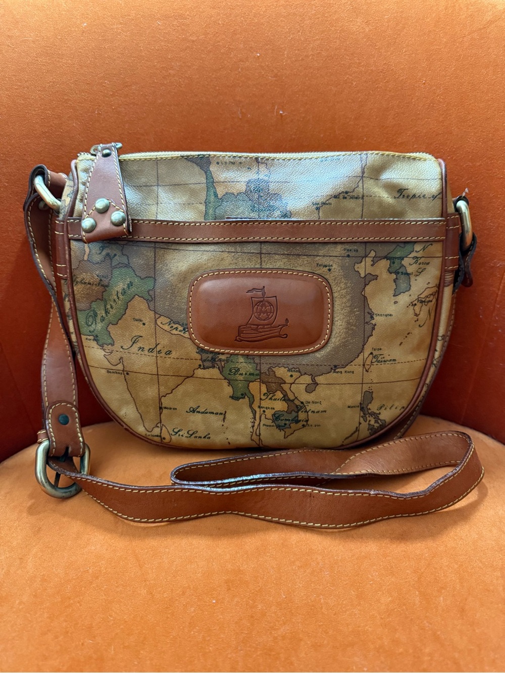 Alviero Martini Map-Print Crossbody Bag in Brown and Green